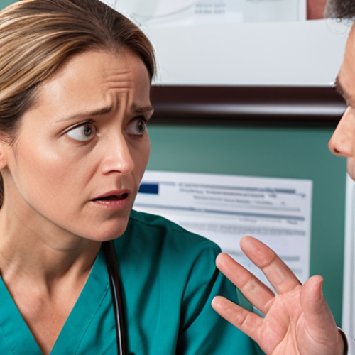 ** A concerned patient talking to their doctor about switching from a brand-name biologic drug to a biosimilar. Emphasize trust and information exchange.

**